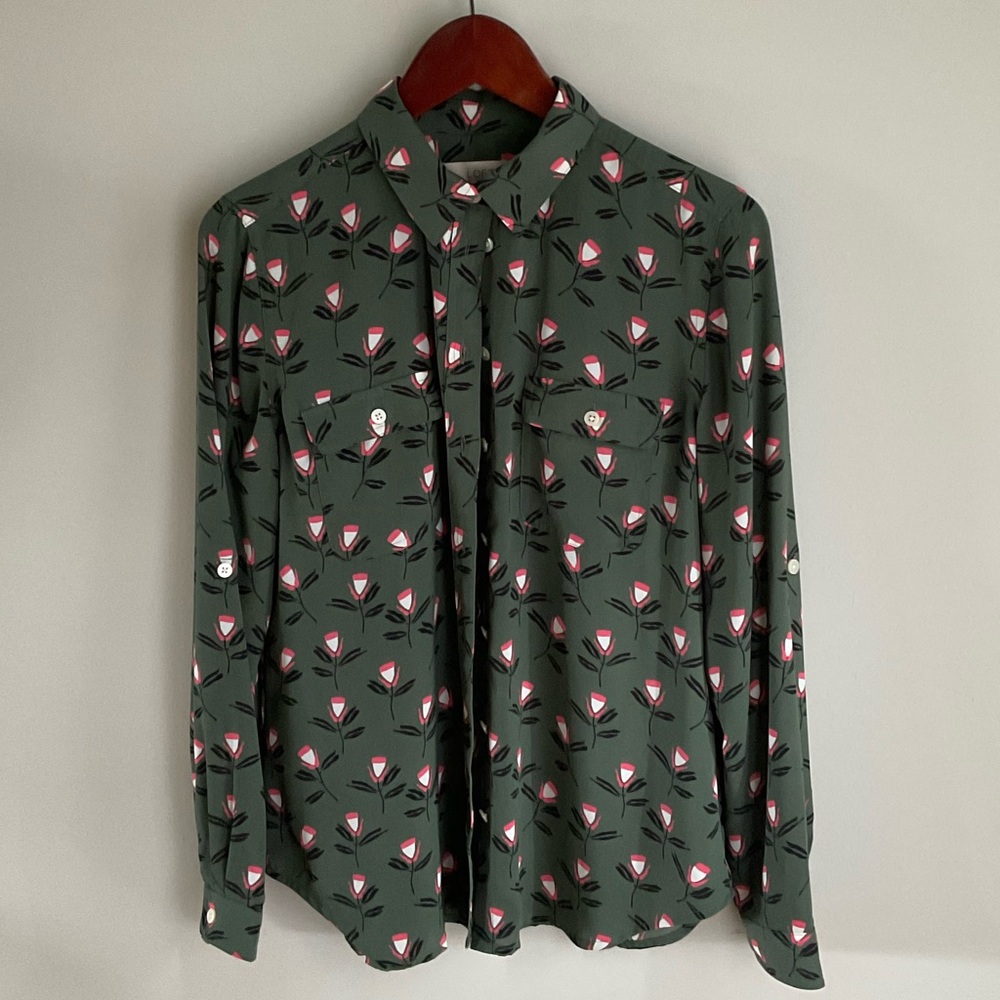 LOFT Green Floral Button Down Shirt